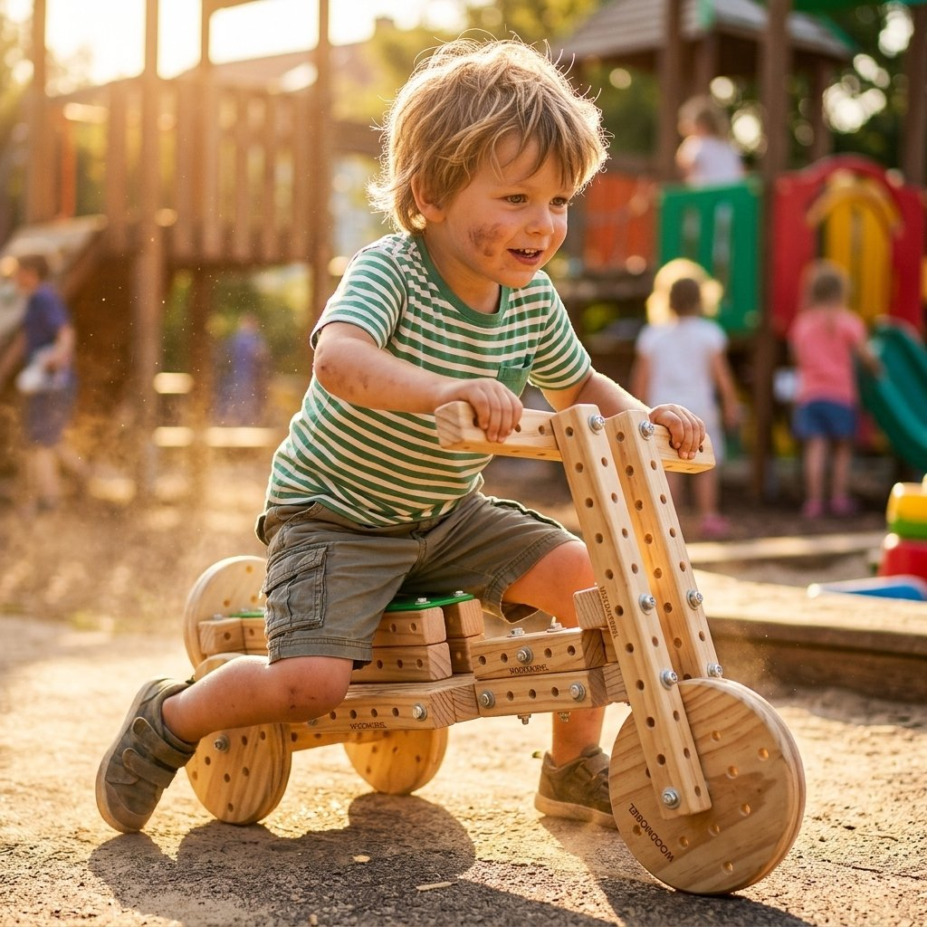 Kind speelt op een houten Woodmobiel-scooter