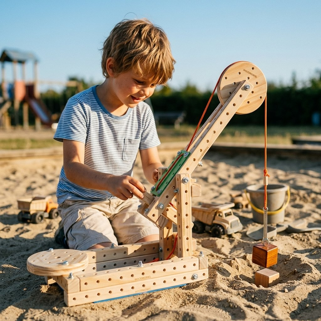 Spelen met het Woodmobiel-hijskraantje