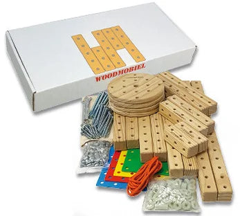 Wooden building blocks set with accessories and packaging on a white background